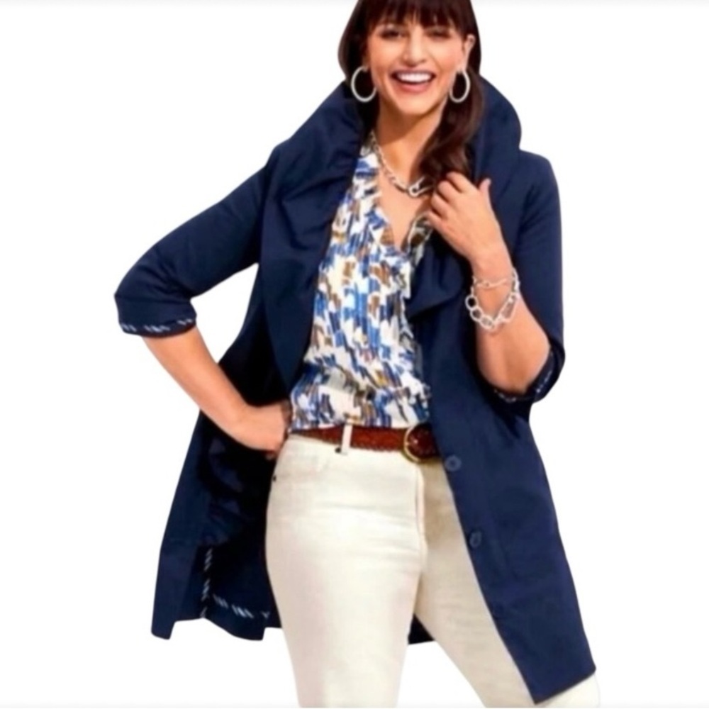 CAbi Pose #6024 Dark Blue Navy Ruffle Trench Coat XSmall XS Jacket Lightweight
